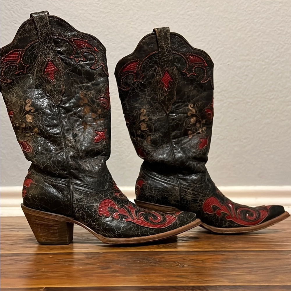 Lucchese Women's Western Embroidered Boots - Black and Red
